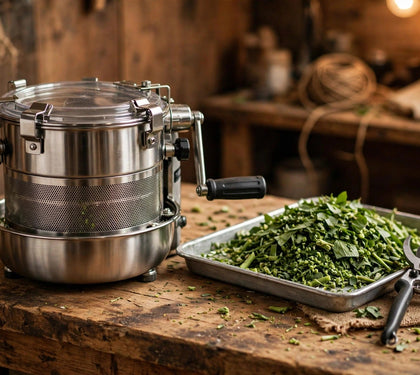 Stainless steel bowl trimmer on a workbench with fresh trimmed material — bowl trimmers explained, from Green Harvest Hydroponics