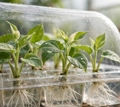 Young plant cuttings rooting in a propagation tray under a humidity dome — HLVD and clone safety, from Green Harvest Hydroponics