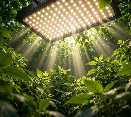 LED grow light glowing over a green plant canopy — PAR, PPFD and DLI explained, from Green Harvest Hydroponics