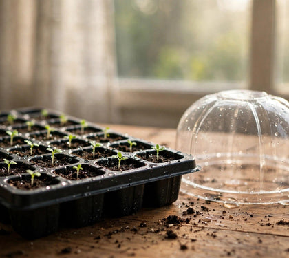 Seed-starting tray of young green seedlings under soft window light — starting seeds indoors, the New England edition, from Green Harvest Hydroponics
