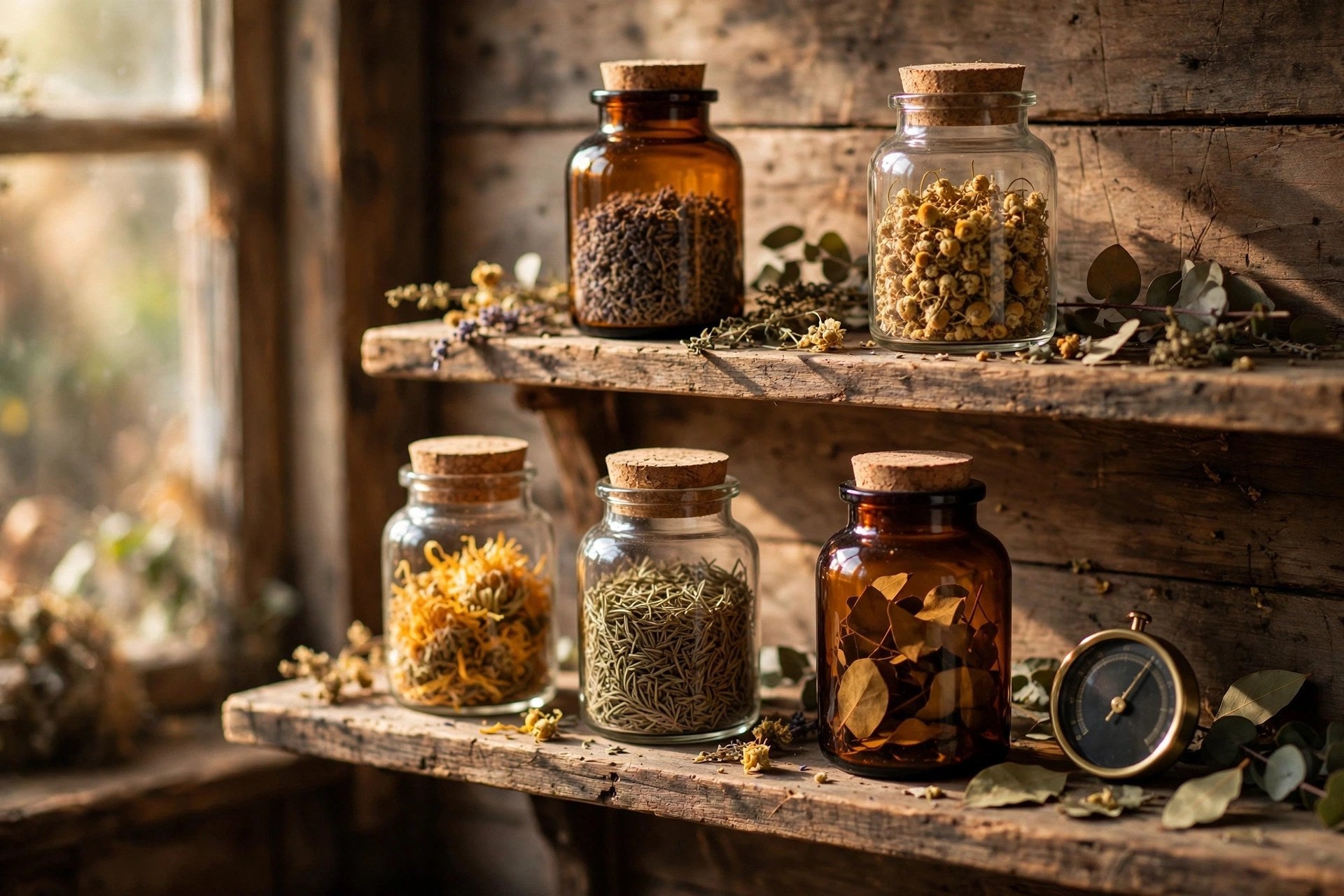 Glass jars of dried botanicals on wooden shelves — drying and curing guide from Green Harvest Hydroponics