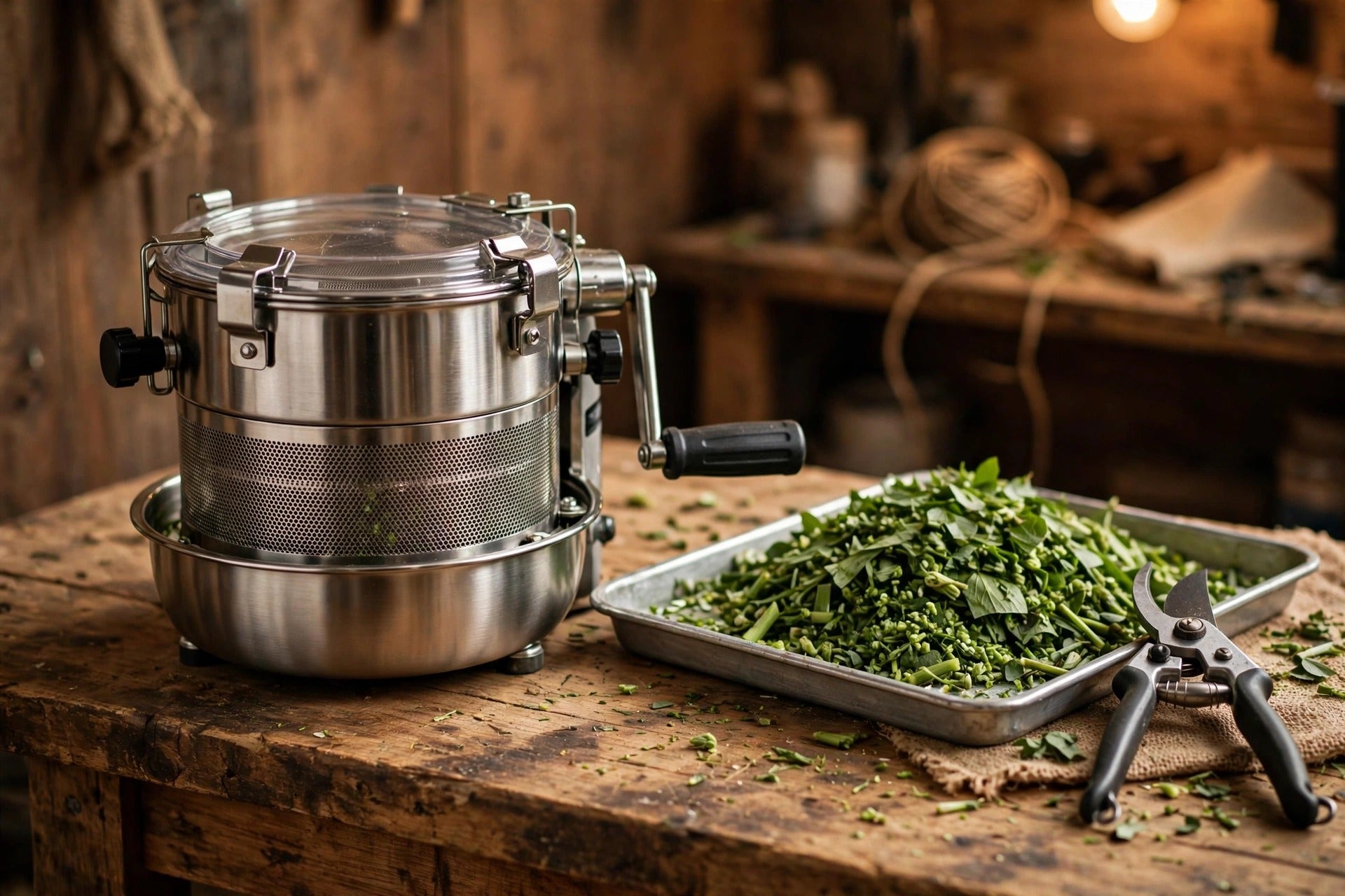 Stainless steel bowl trimmer on a workbench with fresh trimmed material — bowl trimmers explained, from Green Harvest Hydroponics