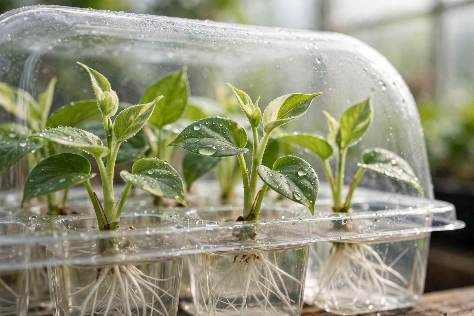 Young plant cuttings rooting in a propagation tray under a humidity dome — HLVD and clone safety, from Green Harvest Hydroponics