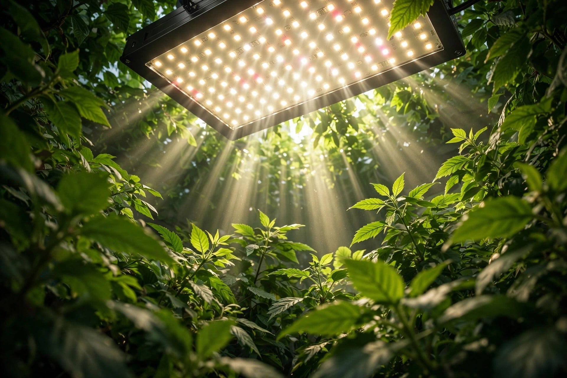 LED grow light glowing over a green plant canopy — PAR, PPFD and DLI explained, from Green Harvest Hydroponics