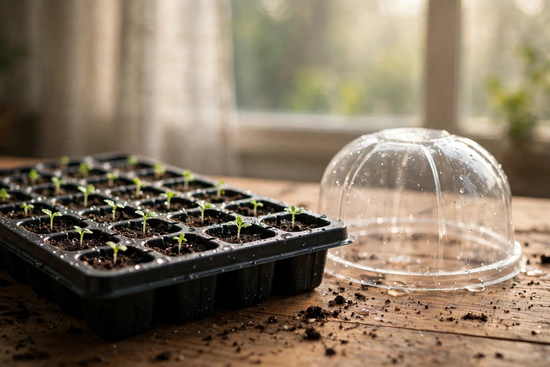 Seed-starting tray of young green seedlings under soft window light — starting seeds indoors, the New England edition, from Green Harvest Hydroponics