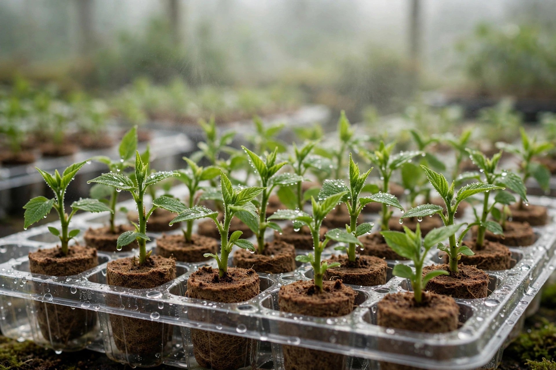 Fresh plant cuttings rooting in a propagation tray with rooting plugs — cloning step by step, from Green Harvest Hydroponics