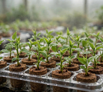 Fresh plant cuttings rooting in a propagation tray with rooting plugs — cloning step by step, from Green Harvest Hydroponics