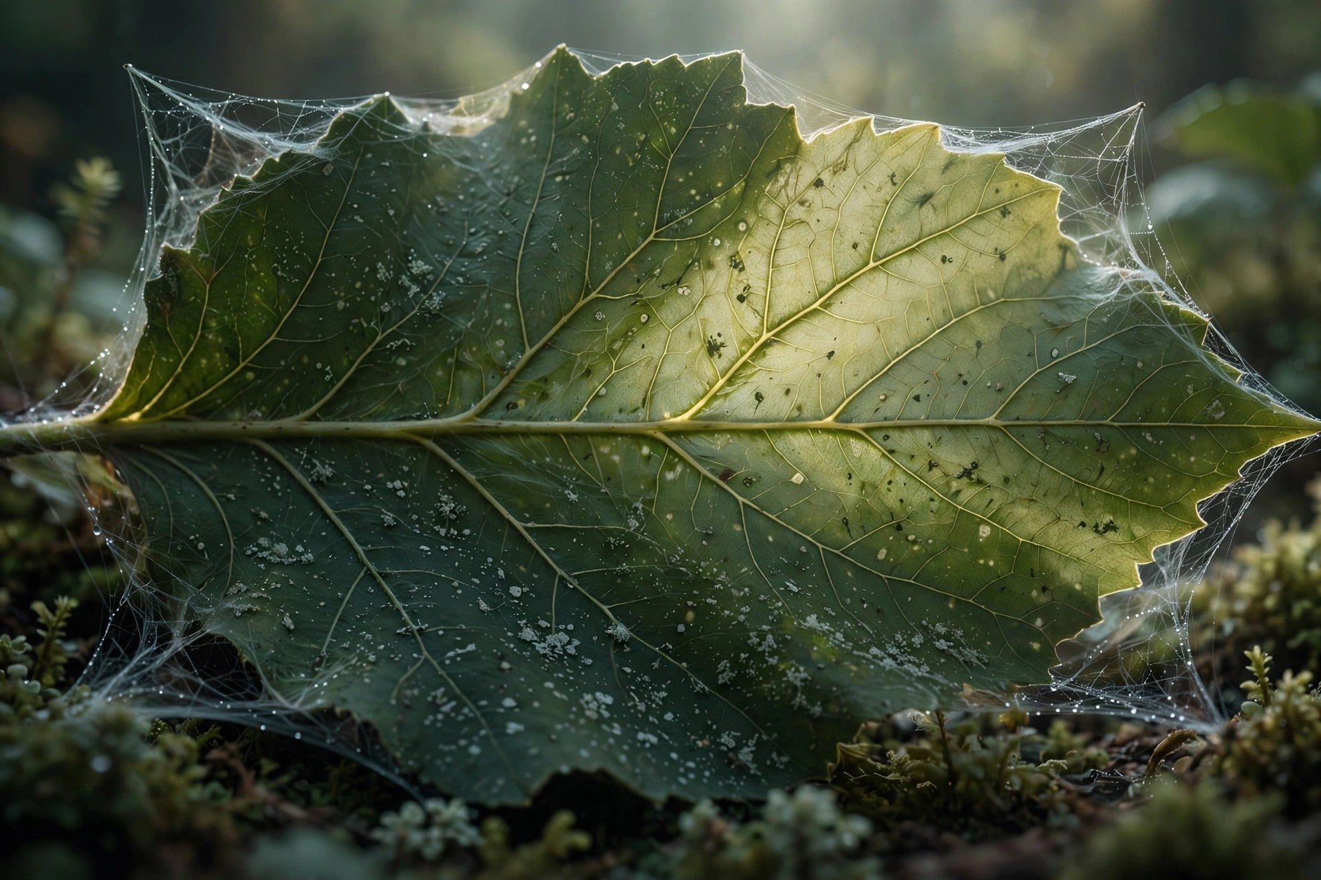 Underside of a green leaf with fine spider mite webbing backlit by soft light — spider mite identification and eradication, from Green Harvest Hydroponics
