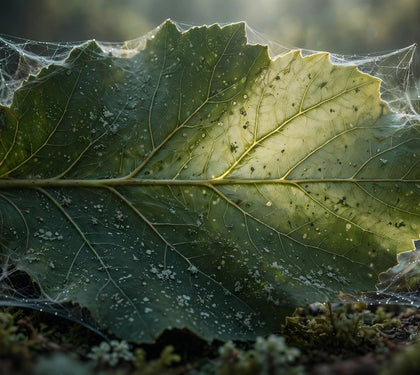 Underside of a green leaf with fine spider mite webbing backlit by soft light — spider mite identification and eradication, from Green Harvest Hydroponics