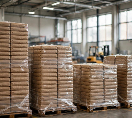 Stacks of soil bags and growing supplies on warehouse pallets — designing a commercial grow room, from Green Harvest Hydroponics