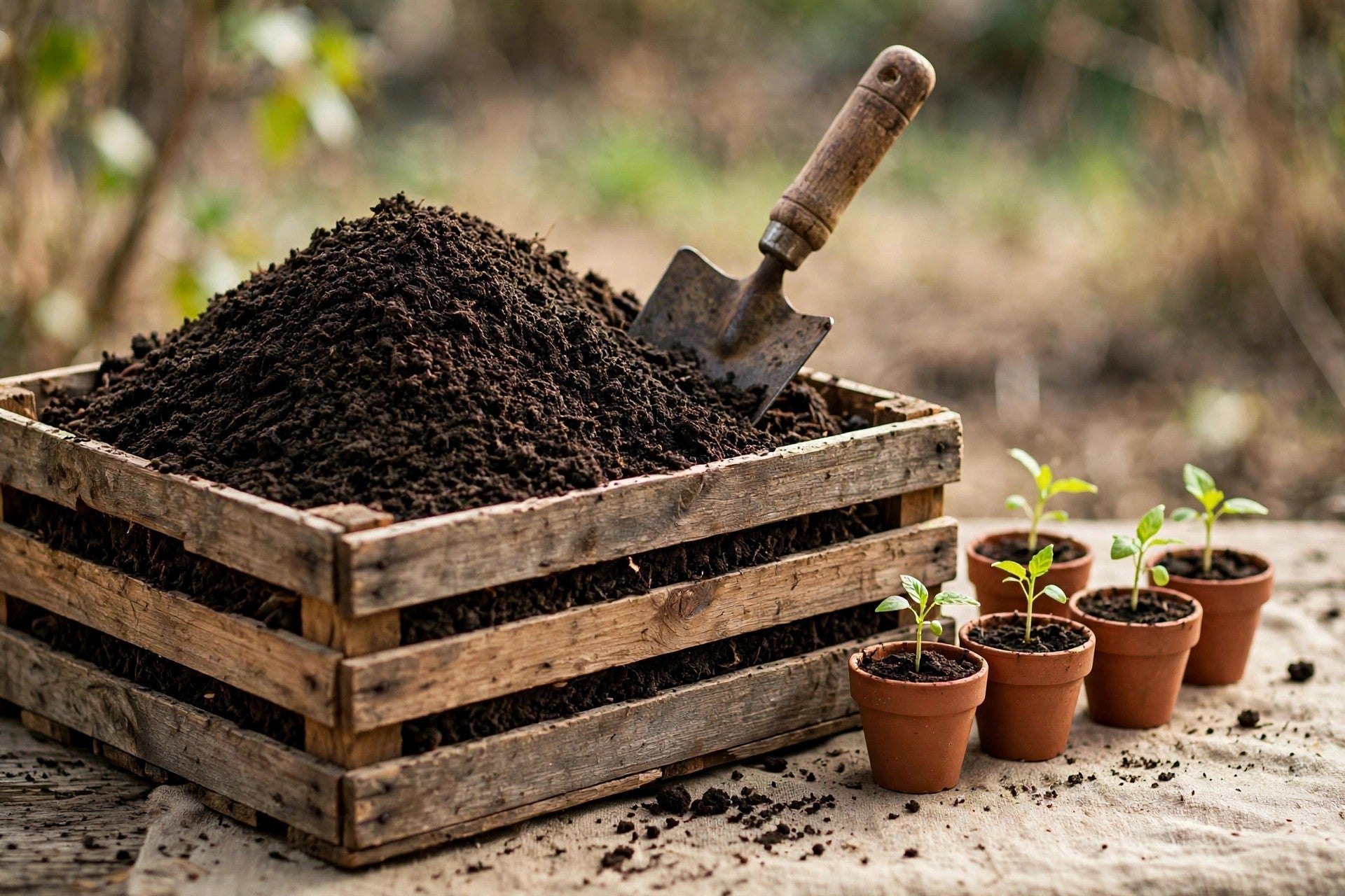 Dark, rich worm castings in a wooden crate with a garden trowel and young seedlings — worm castings and vermicomposting for growers, from Green Harvest Hydroponics