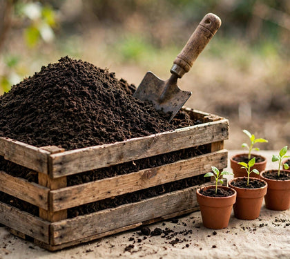 Dark, rich worm castings in a wooden crate with a garden trowel and young seedlings — worm castings and vermicomposting for growers, from Green Harvest Hydroponics