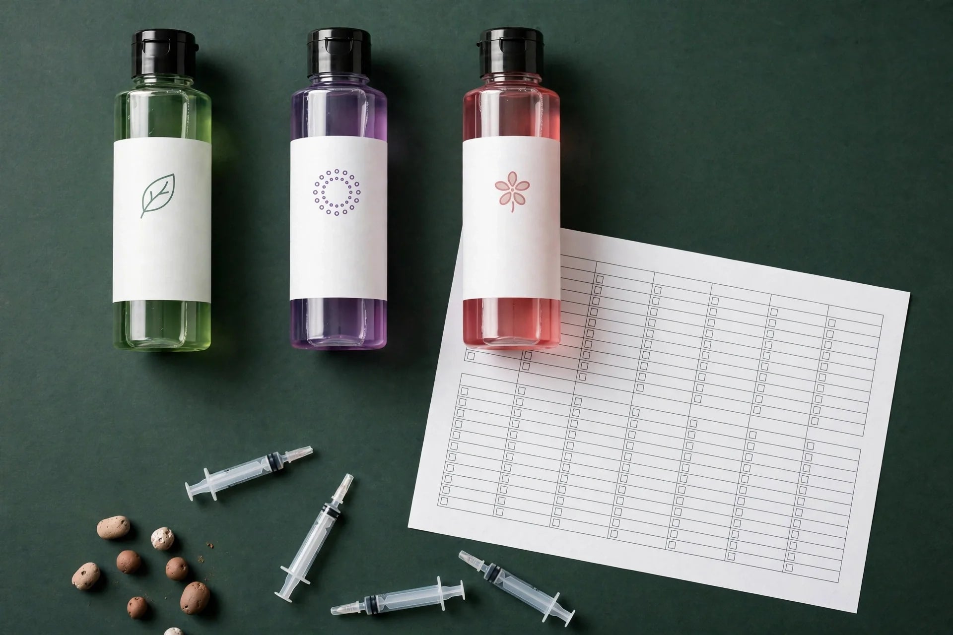 Nutrient bottles with feeding schedule chart