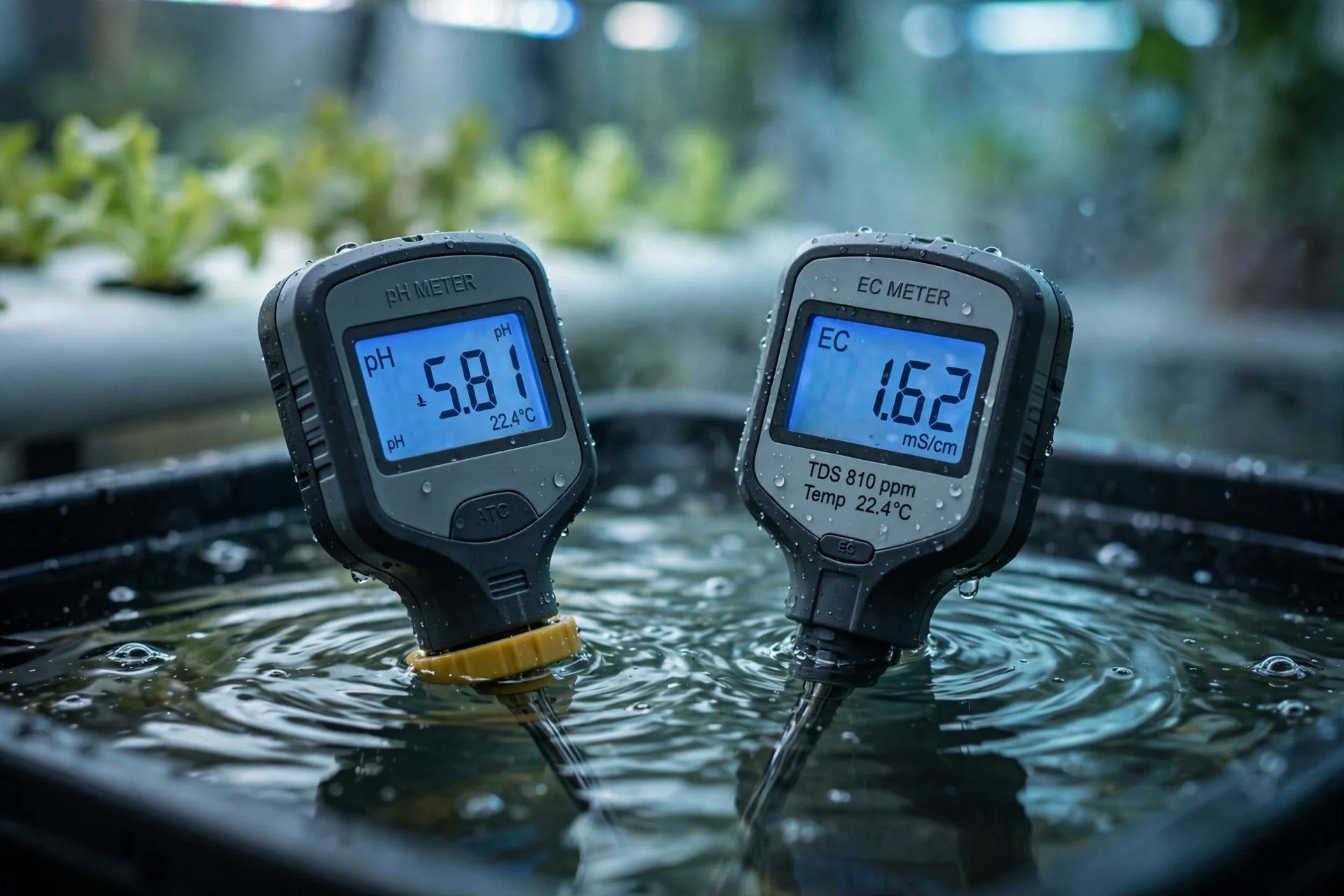 pH and EC meters in reservoir