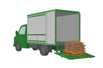 Box truck with lowered liftgate unloading a pallet of bagged soil